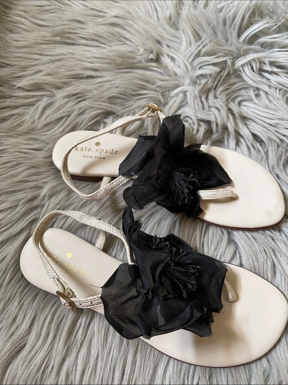 kate spade Cream Sandals with Black Floral Appliqués